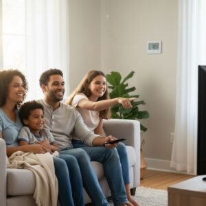 A family of four sits comfortably on a sofa, watching television in a brightly lit living room with a thermostat on the wall.
