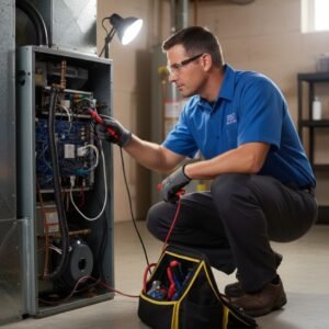 Technician inspecting furnace components, looking focused
