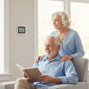 Happy senior couple relaxing at home, efficient system
