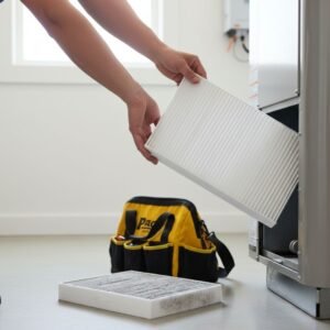Clean air filter being replaced in a modern home