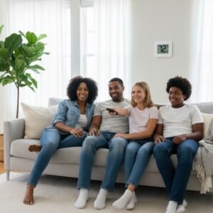 Family comfortably enjoying living room with balanced temperature