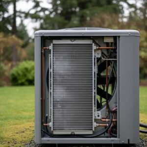 Heat pump outdoor unit, visible heat exchange coils