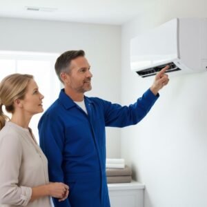 Indoor heat pump air handler, homeowner observing technician