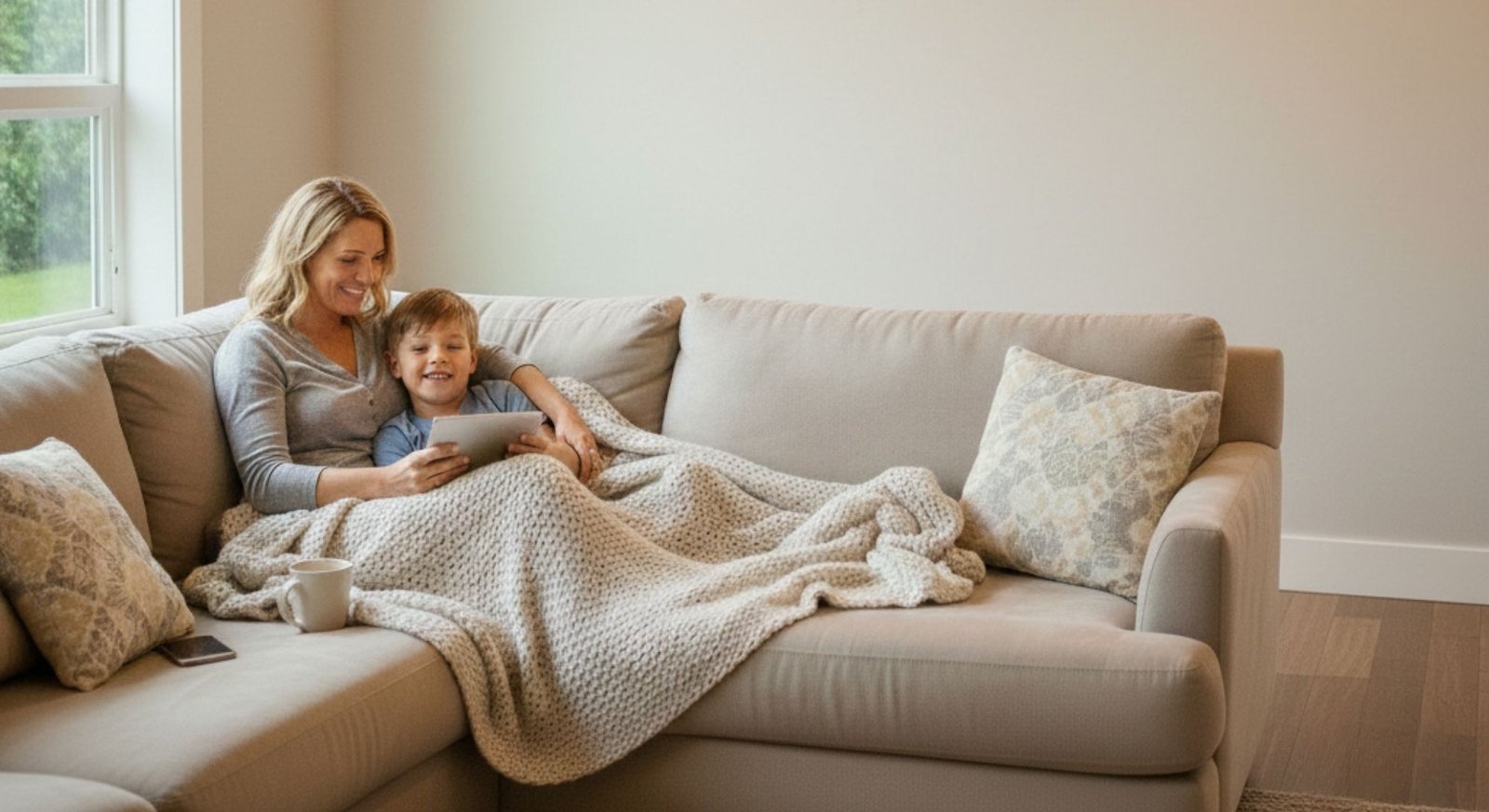 A mother and son cuddling under a light blanket on a sectional sofa while looking at a tablet in a bright room.