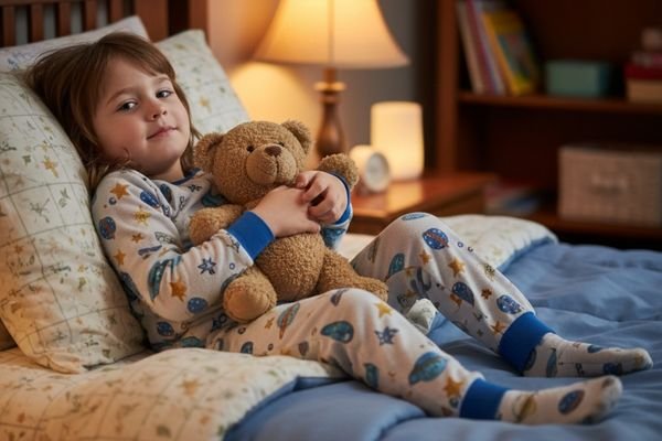 A young girl in space-themed pajamas lying in a cozy bed, smiling and hugging a brown teddy bear.