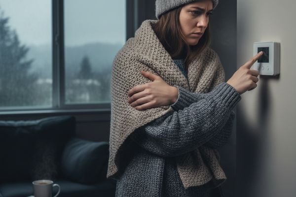 A woman wrapped in a thick wool blanket looking concerned while adjusting a digital wall thermostat in a cold room.