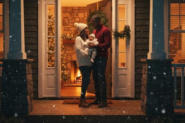 A couple holding a baby standing on their front porch during a snowstorm. The front door is open, revealing a warm, inviting interior with a lit fireplace and a Christmas tree, highlighting the contrast between the cold exterior and a heated home.