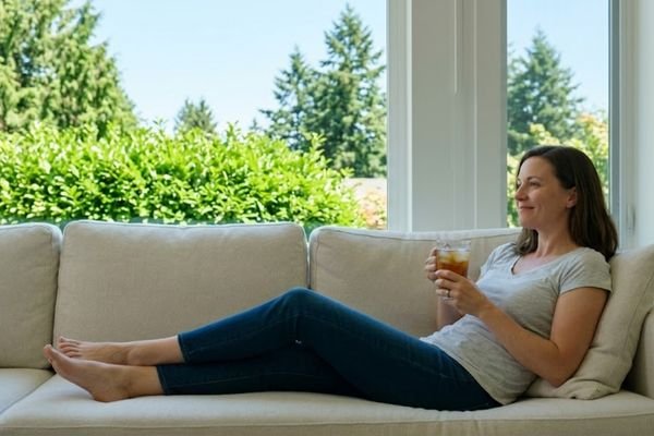 a happy Puget Sound woman relaxing on a sofa in a bright, perfectly cooled living room on a sunny summer day