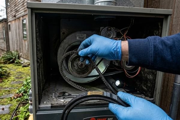a technician's gloved hand replacing a cracked furnace fan belt during a maintenance check
