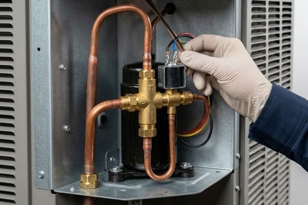 a technician's gloved hand as they inspect the intricate electrical connections on a heat pump reversing valve