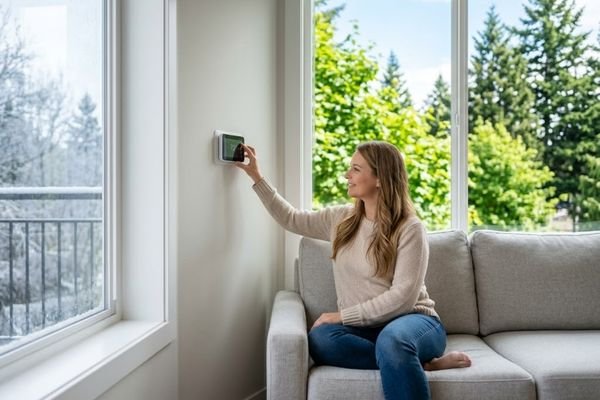 a window conceptually split between summer foliage and a cool winter afternoon, where a woman confidently adjusts a sleek digital thermostat in a perfectly cooled living room