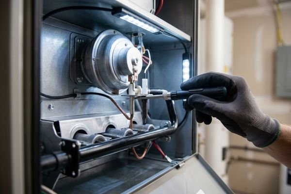 a technician’s hand carefully calibrating the flame sensor on a modern gas furnace during a professional heating tune-up