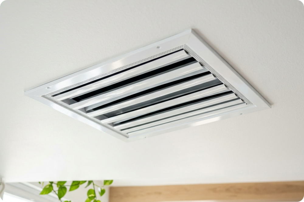 Pristine white ceiling air vent in a brightly lit modern living room.