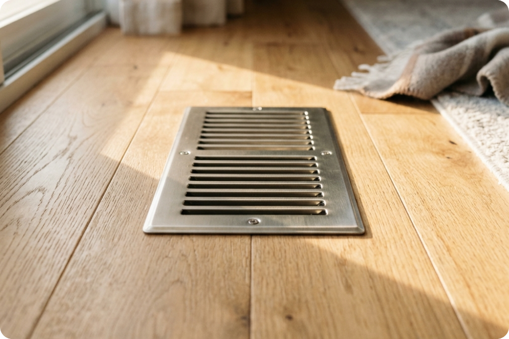 Clean metallic heating register vent installed seamlessly into a hardwood floor.