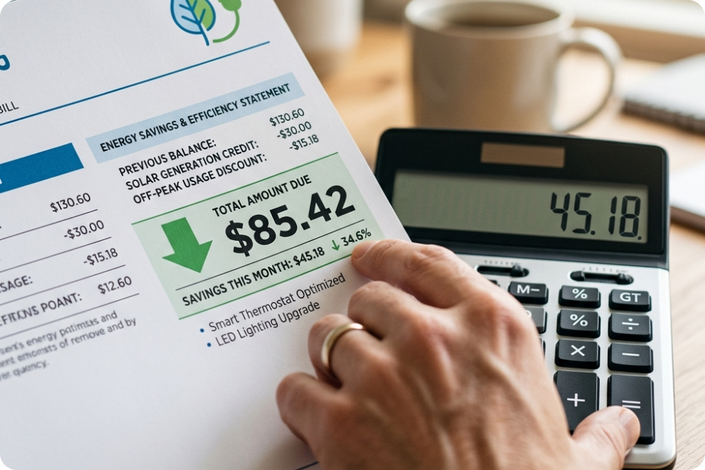 Close-up of a person reviewing a utility bill with a calculator to track energy savings.