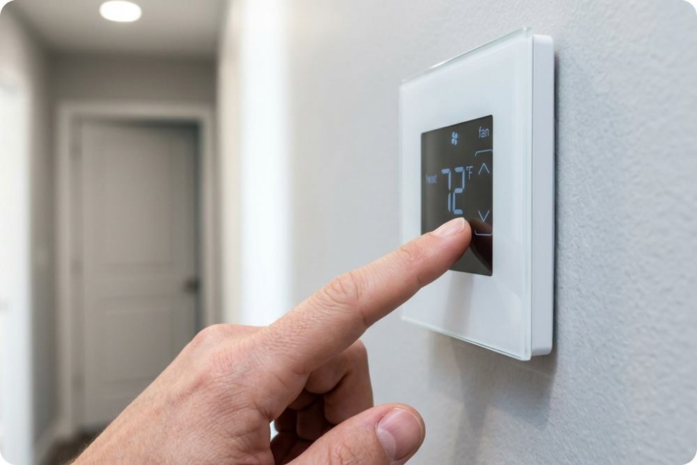 Close-up of a hand adjusting a modern smart thermostat on a hallway wall.