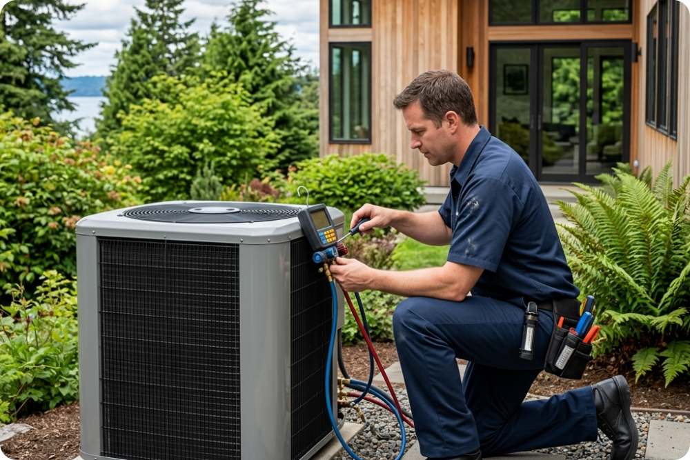 Professional technician inspecting an outdoor residential air conditioning unit.