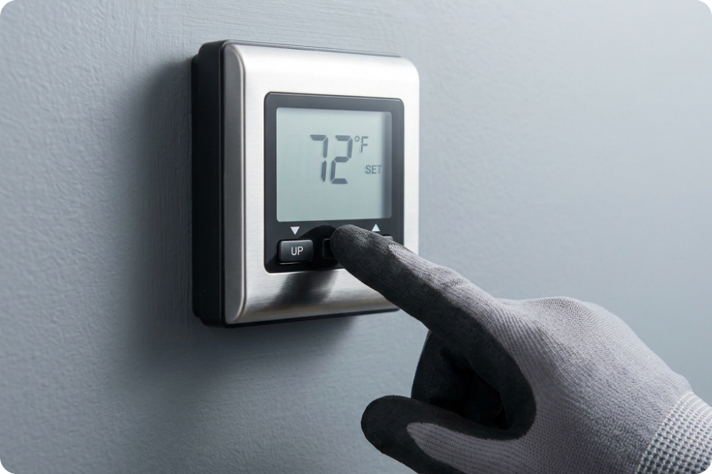 Professional adjusting settings on a pristine digital wall thermostat.