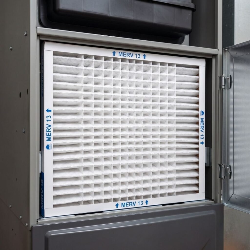 Close-up of a new high-efficiency MERV air filter properly installed in an HVAC unit.