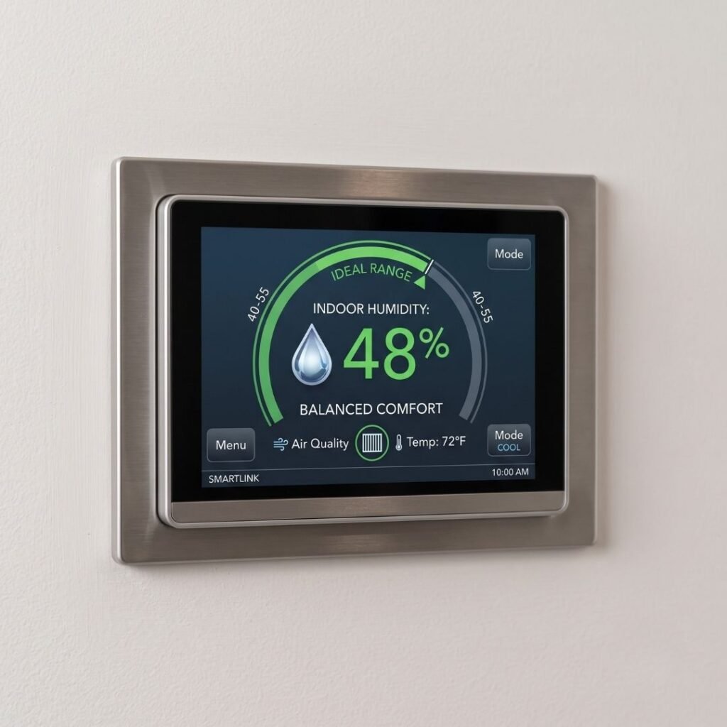 Smart digital thermostat on a wall displaying optimal home humidity and temperature control.