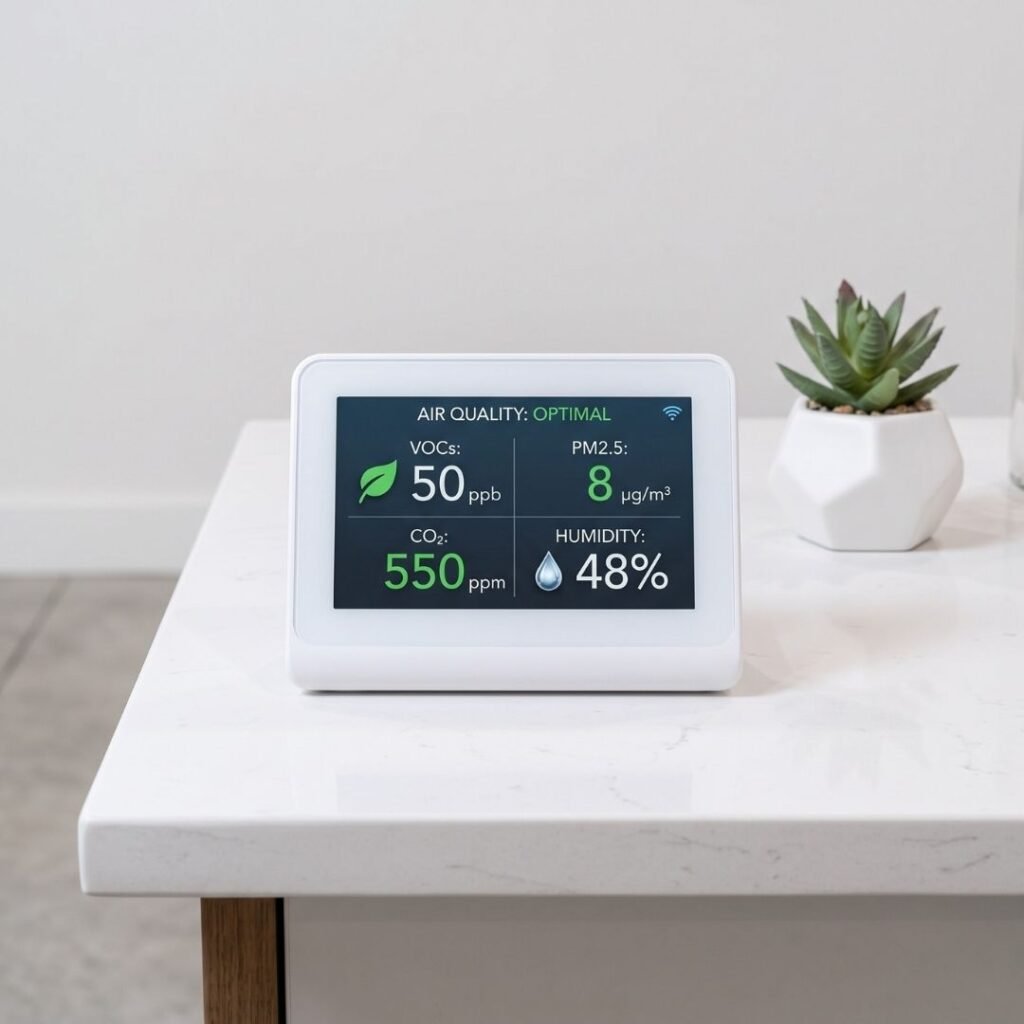 Electronic home indoor air quality monitoring device with clear status screen.