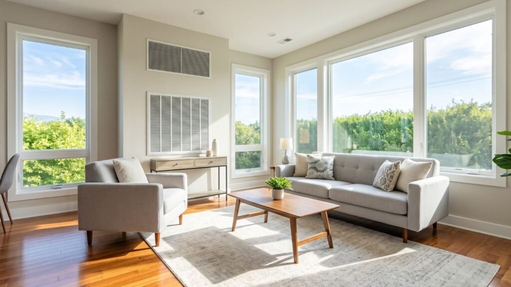 Bright modern living room showcasing pristine indoor air quality and natural sunlight.