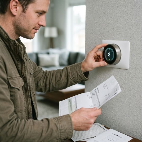 man adjusting thermostat