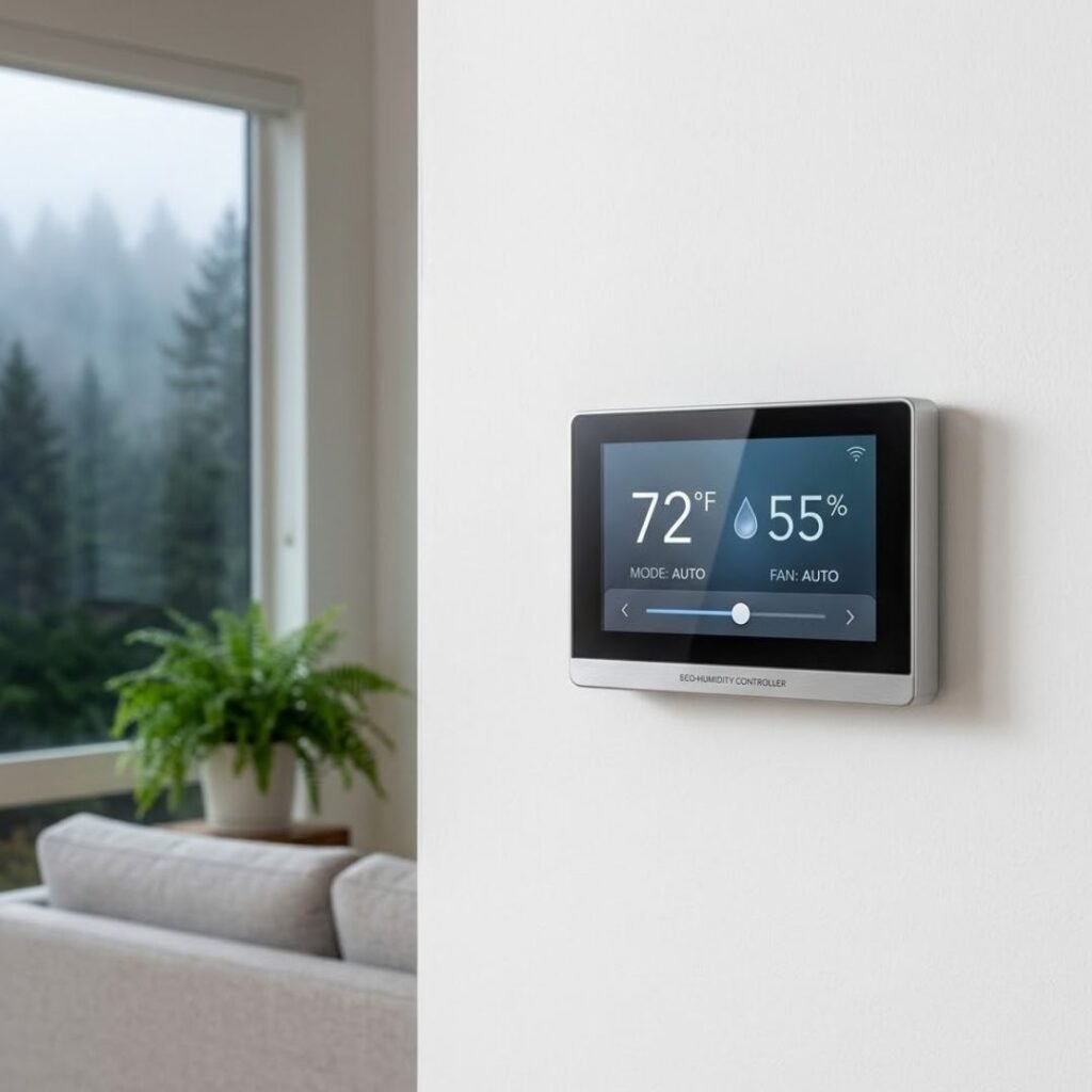 Digital thermostat mounted on a wall displaying balanced indoor humidity and temperature settings.