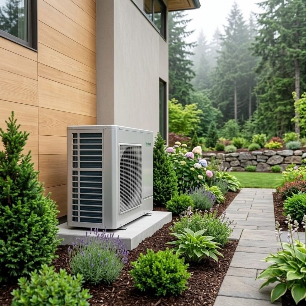 High-efficiency outdoor heat pump unit placed in a clean, landscaped home yard setting.