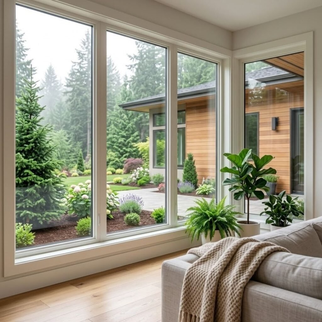 Bright domestic living space with crystal-clear condensation-free glass windows.