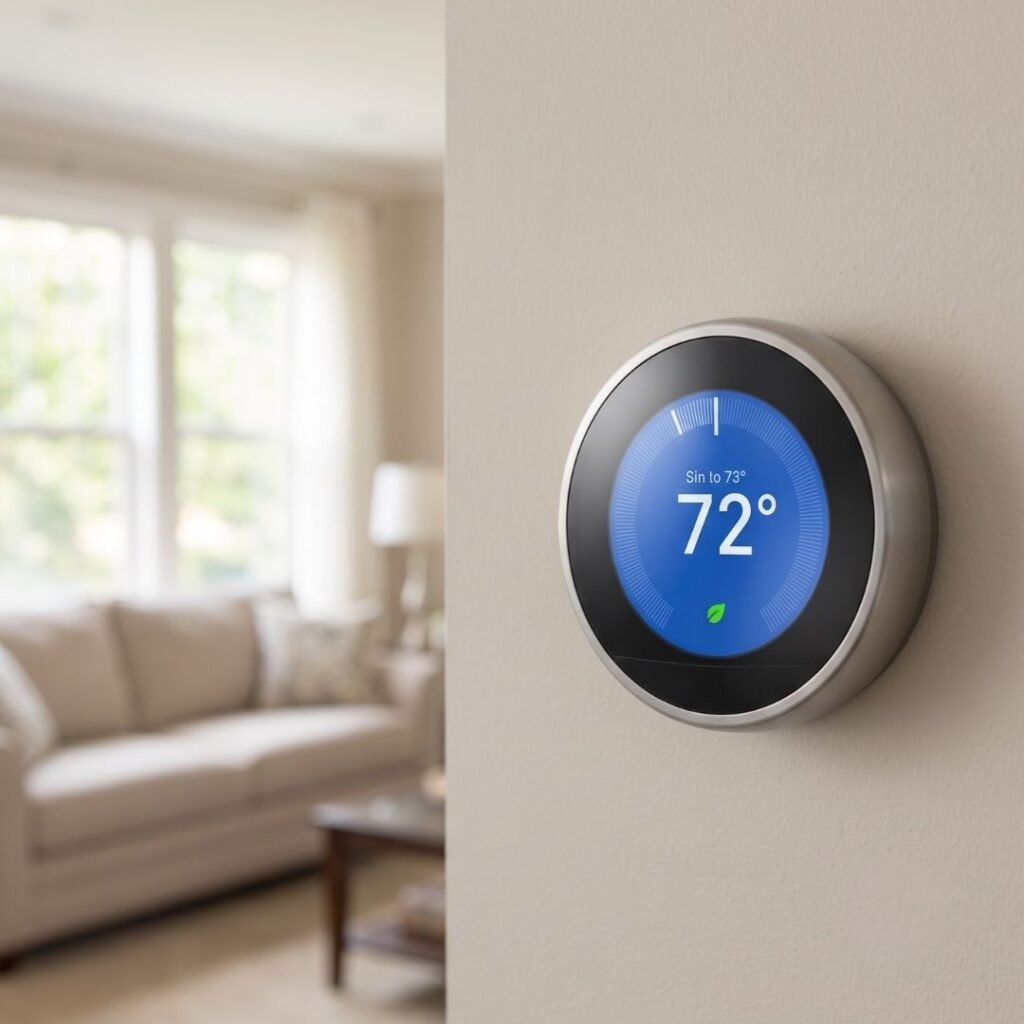 Digital smart thermostat on a living room wall set to cool temperature. Alt Tag 5: Professional technician testing electrical connections on an air conditioning unit.