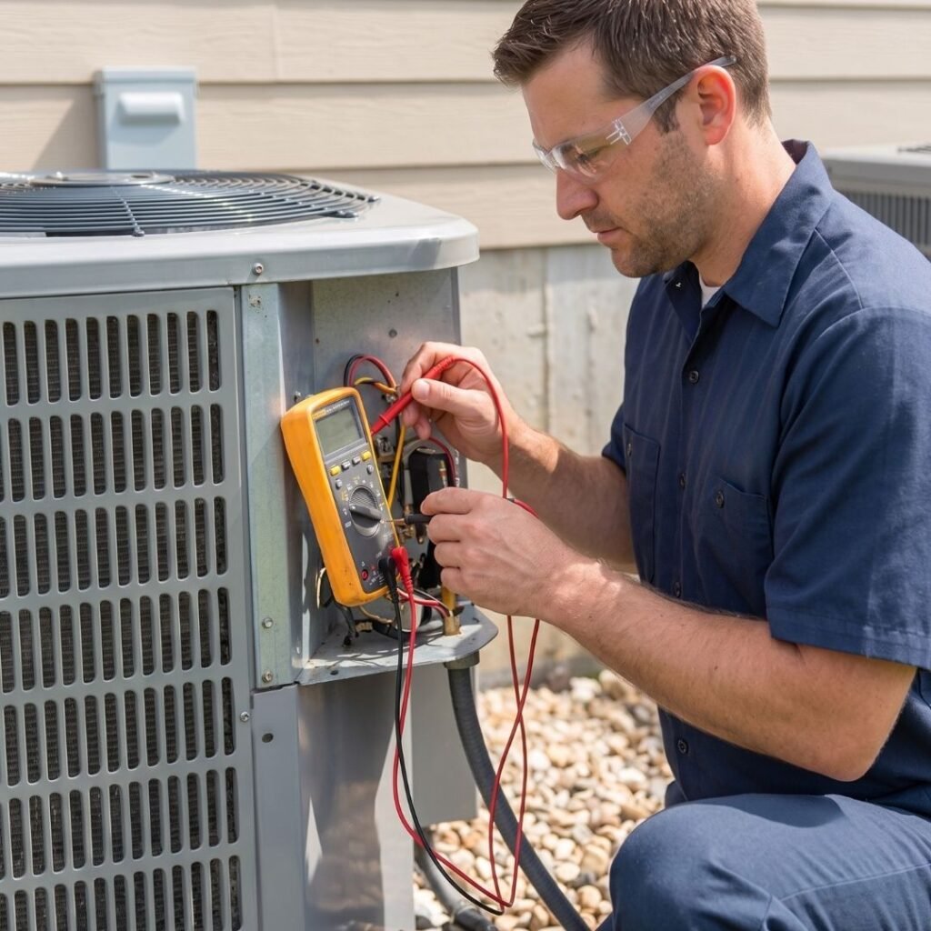 Professional technician testing electrical connections on an air conditioning unit.
