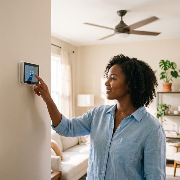 woman adjusting thermostat