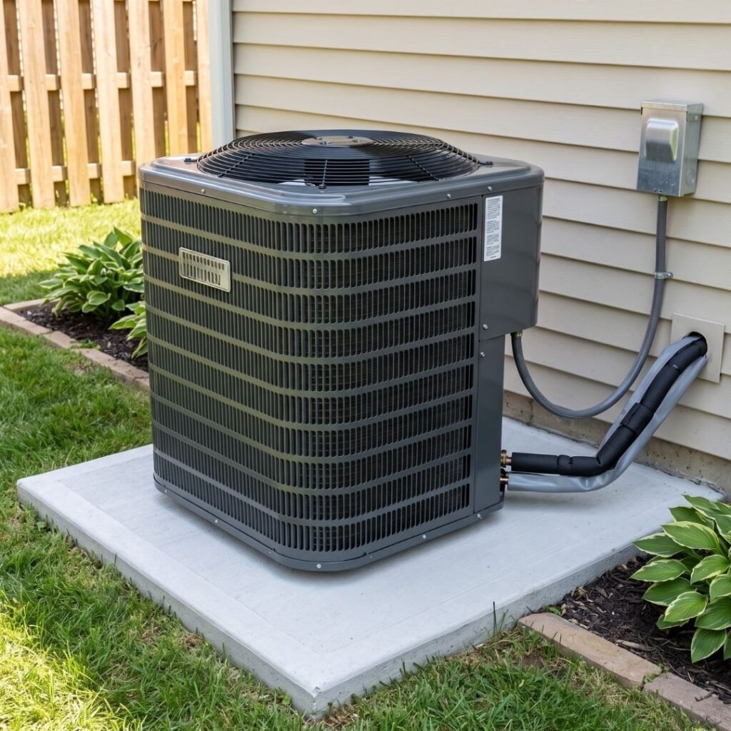 Modern high-efficiency central air conditioner installed outside a clean residential home.