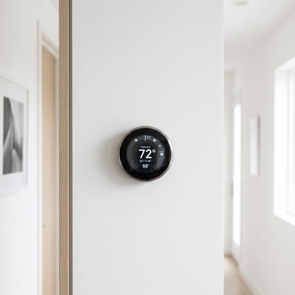 A sleek smart thermostat mounted on a modern living room wall displaying comfortable cooling settings.