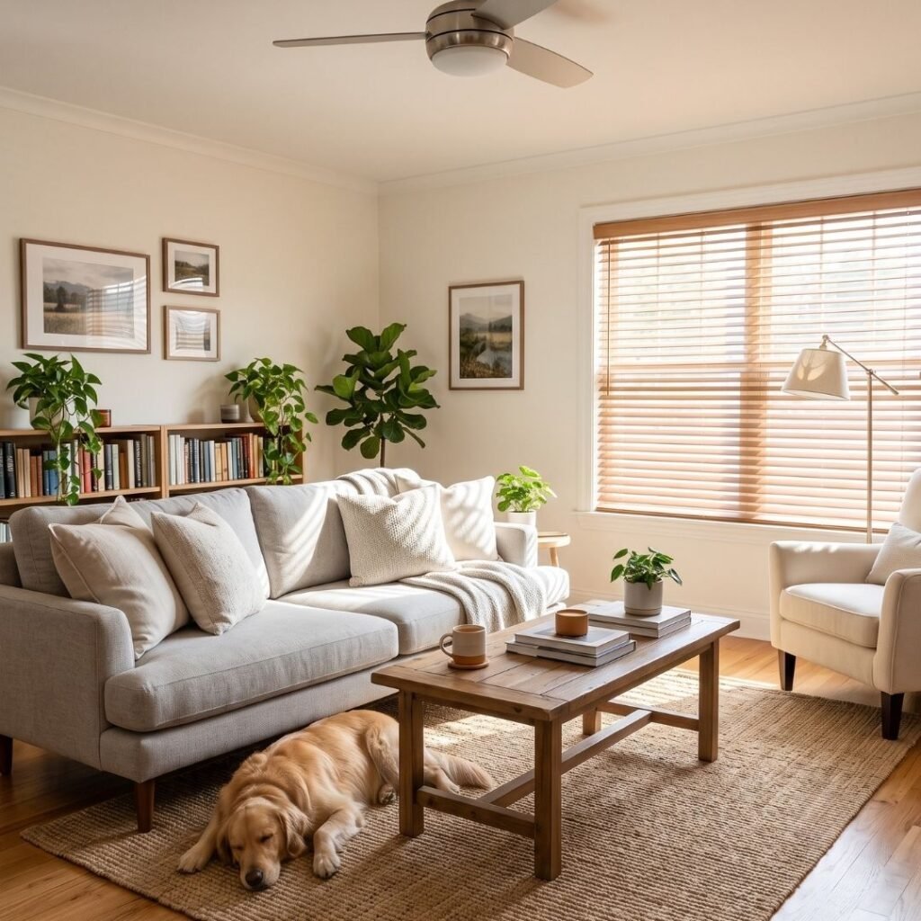 A beautifully decorated, comfortably cooled living room featuring balanced airflow and natural light.