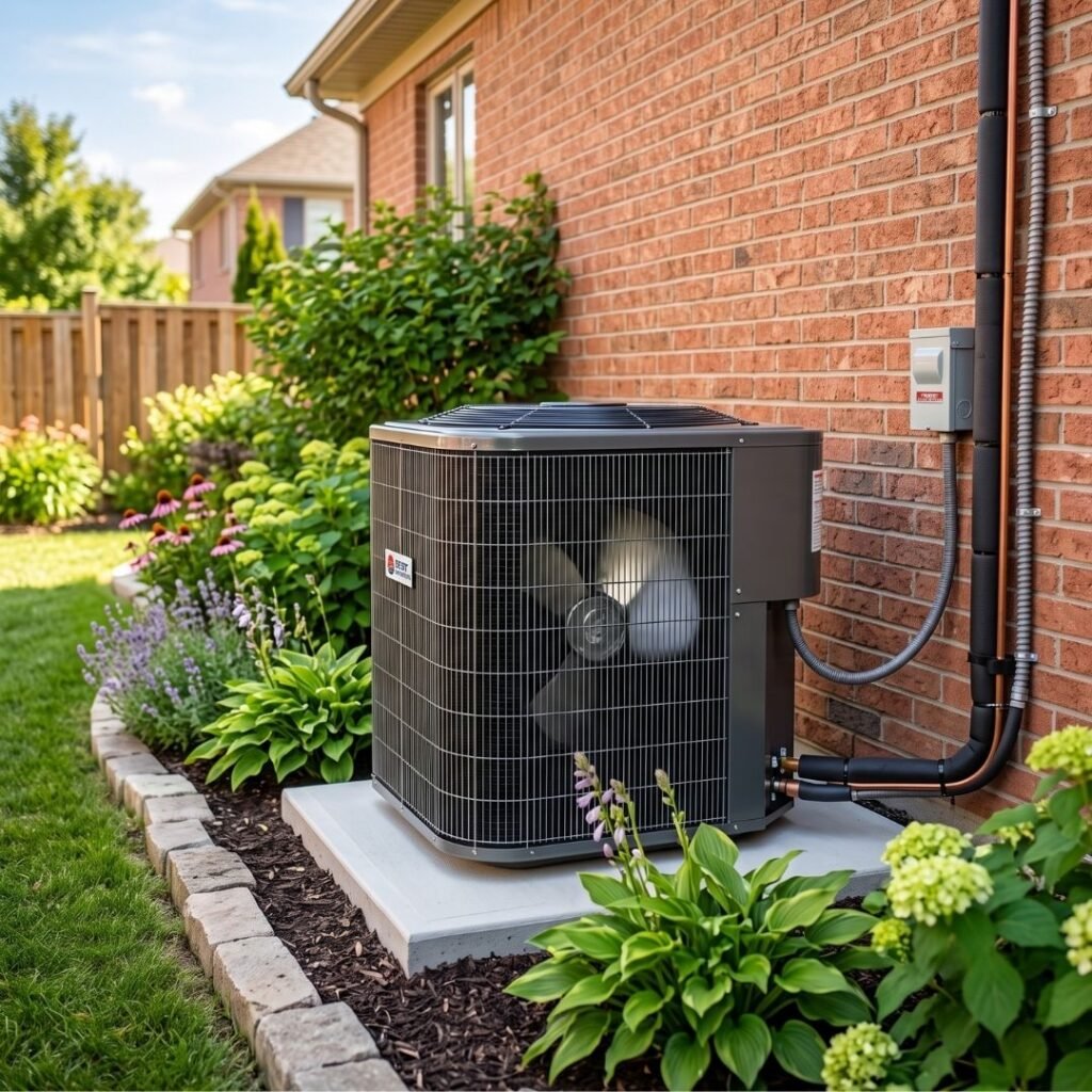 A brand new energy-efficient exterior heat pump unit set neatly on a concrete pad.