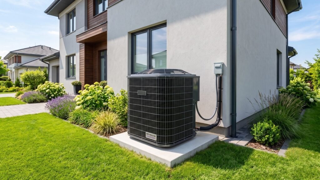 Modern high-efficiency central air conditioner installed outside a clean residential home.